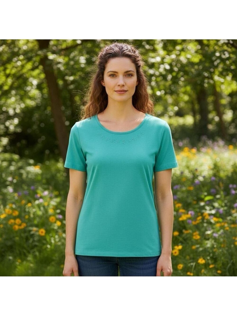 French Navy Turquoise Green Teal Embroidered Short Sleeve Top Cottage - Sz M